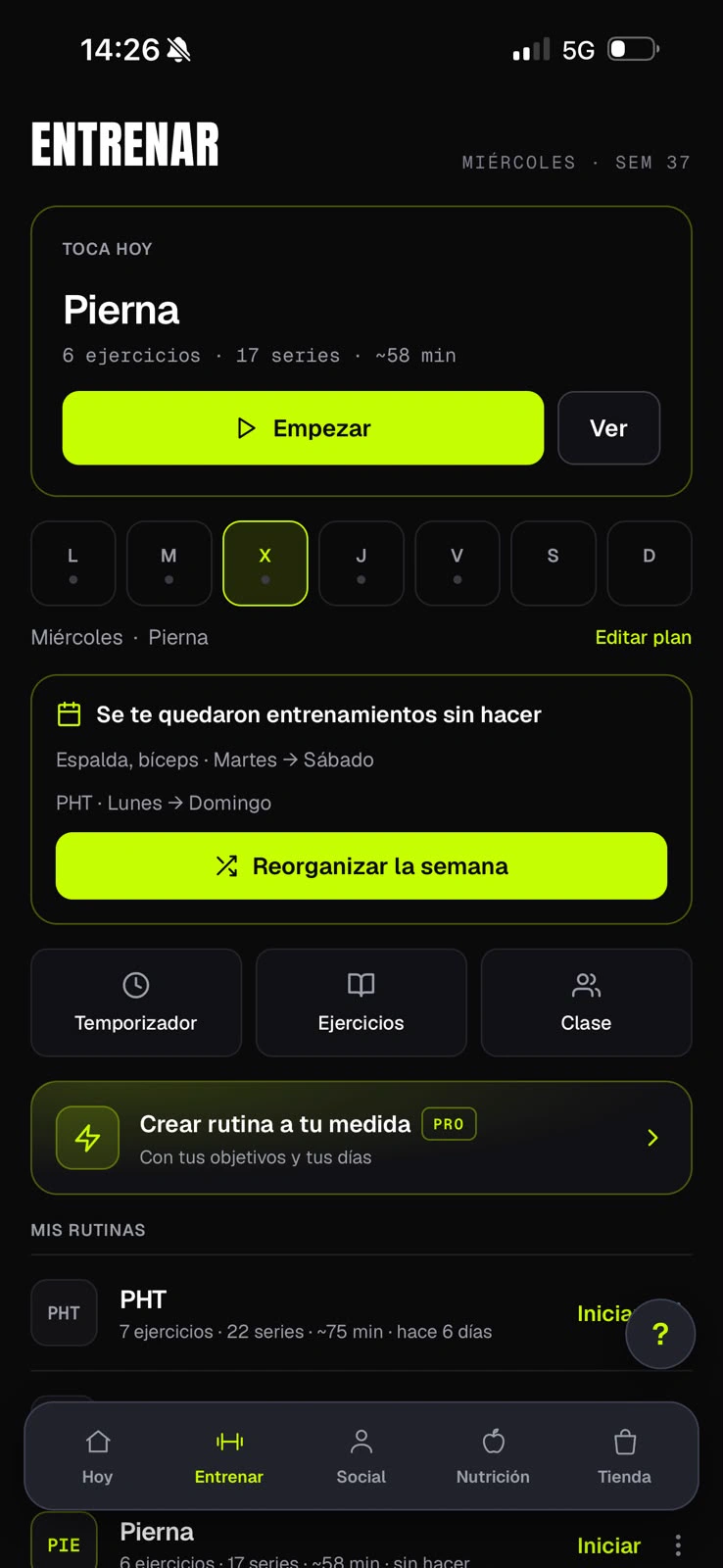 Pantalla de entrenamiento de GO