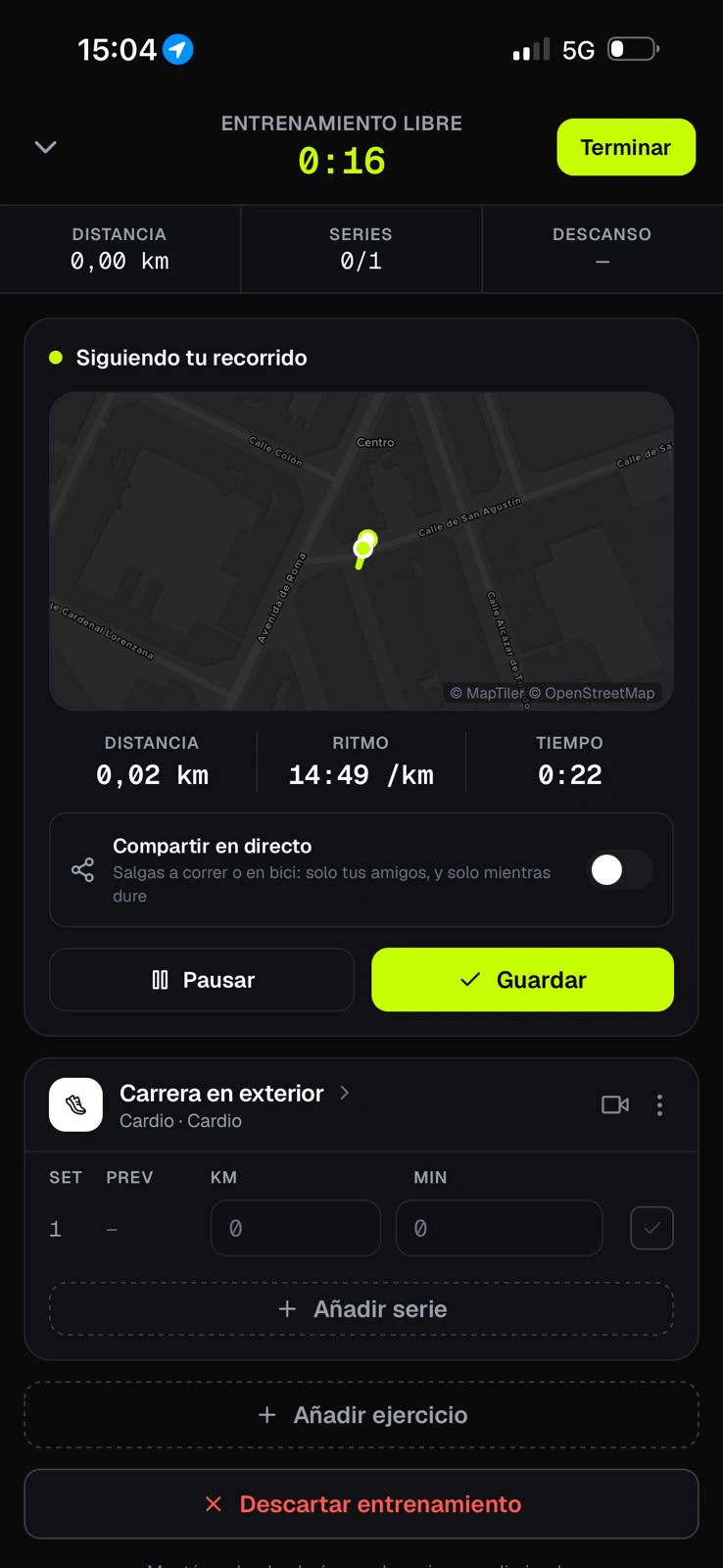 El recorrido en directo, con distancia, ritmo y tiempo